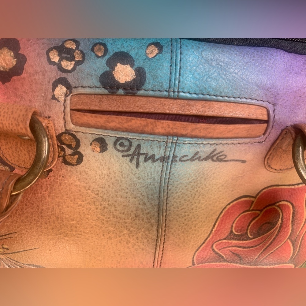 ANUSCHKA Women's Hand Painted Leather Rose Safari Satchel Bag w/ Shoulder Strap - Picture 8 of 11